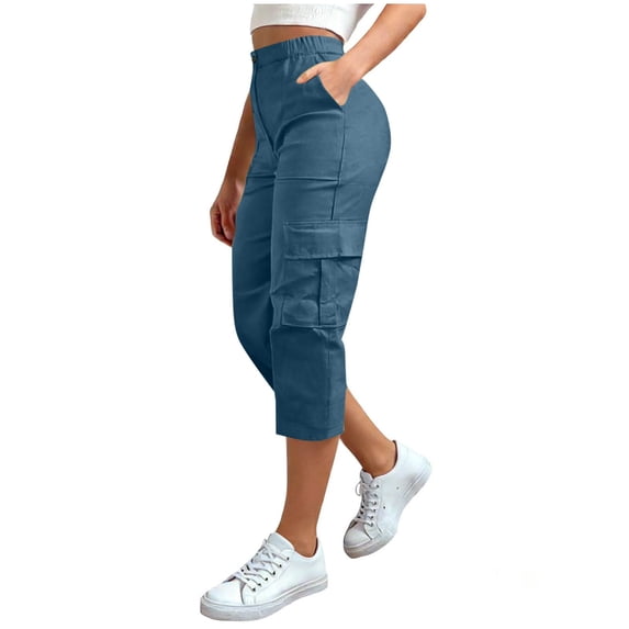 Lumtrix Cargo Capris For Women Summer Dressy Casual Loose Capri Pants With Pockets High Waisted Work Button Cropped Pant Blue S