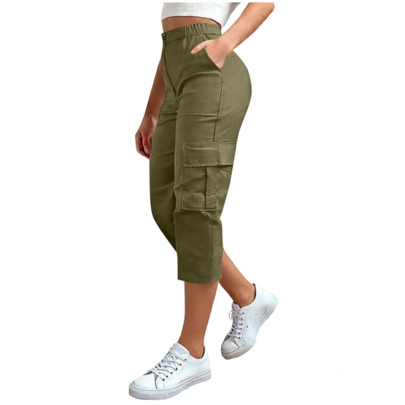 Lumtrix Cargo Capris For Women With Pockets Summer Casual Loose Capri Pants Plus Size High Waisted Work Button Down Cropped Pant Army Green 2XL