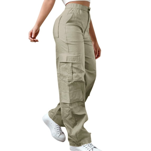Lumtrix Cargo Pants For Women High Waisted Hiking Pants Baggy Fashion Stretchy Wide Leg Y2K Streetwear With Pockets Khaki L