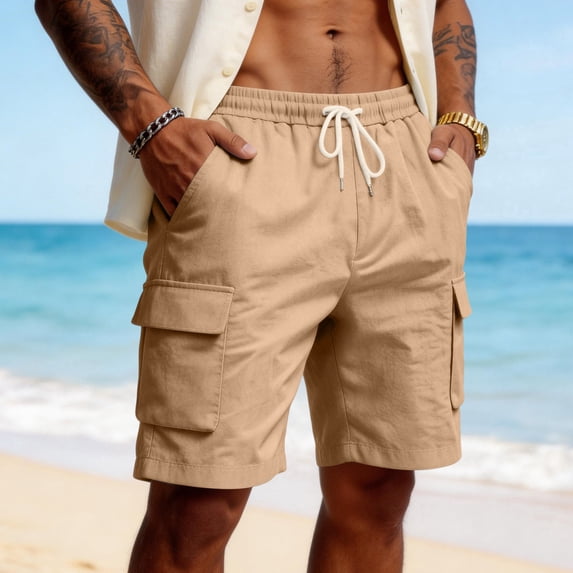 Lumtrix Cargo Shorts for Men Lightweight Elastic Waist Work Short Loose Fit Hiking Outdoor Bottom with Pockets Earthy Yellow M