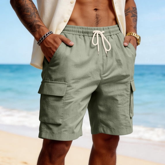 Lumtrix Cargo Shorts for Men Lightweight Elastic Waist Work Short Loose Fit Hiking Outdoor Bottom with Pockets Green L