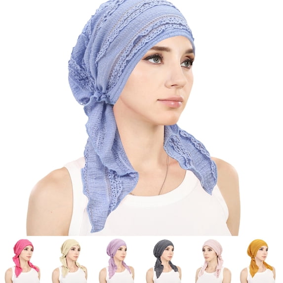 Lumtrix Chemo Headwear For Women Pre-Tied Head Scarf Coverings Scarves,Soft Lightweight Turbans Cancer Hats Easy To Use, Full Head Coverage Blue