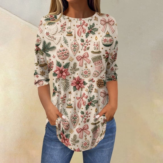 Lumtrix Christmas 3/4 Sleeve Crewneck Shirt Women Xmas Holiday Funny Christmas Pattern Tee Winter Family Party Matching Shirt Purple Pink S