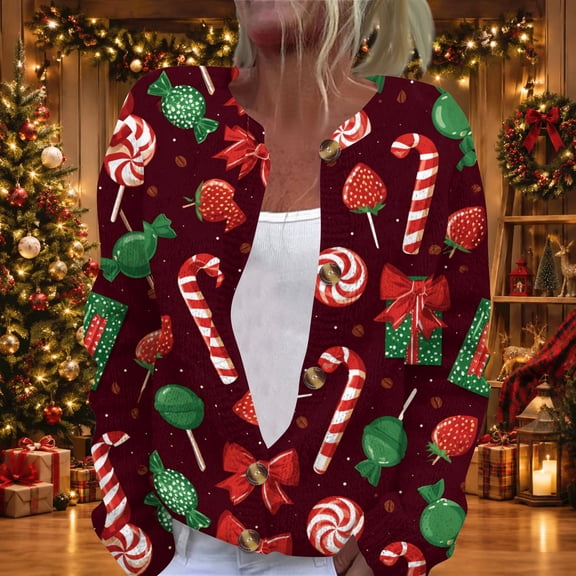 Lumtrix Christmas Cardigan Sweaters For Women Lightweight Button Up Plus Size Sweater Funny Graphic Chunky Cardigan Sweater Wine M