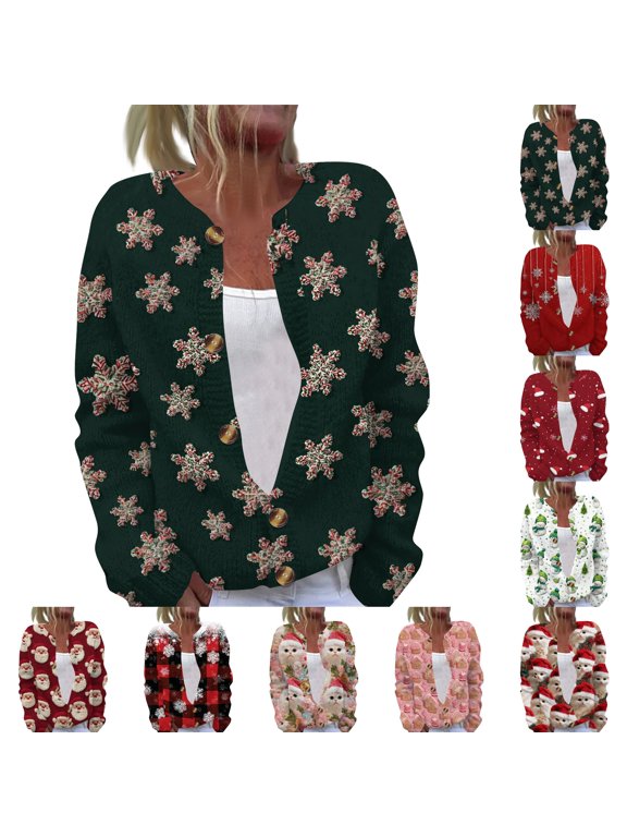 Christmas Cardigan Sweaters for Womens Lightweight Knitted Cardigan Sweater Cute Graphic Snowflake Printed Long Sleeves Fall Winter Cardigan Sweaters Black 2XL