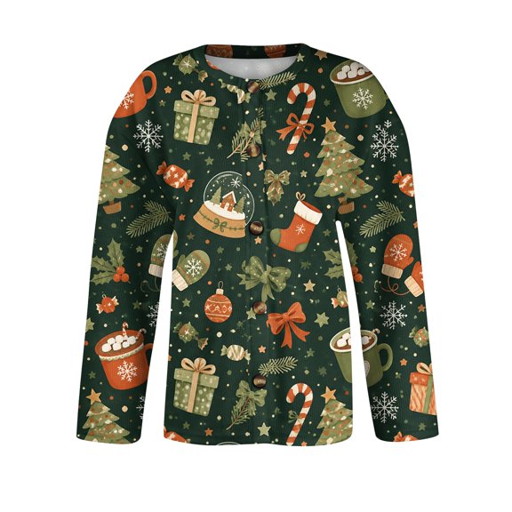 Lumtrix Christmas Cardigan for Women Comfortable Long Length Sleeve Xmas Pattern Blouse Winter Top Green S