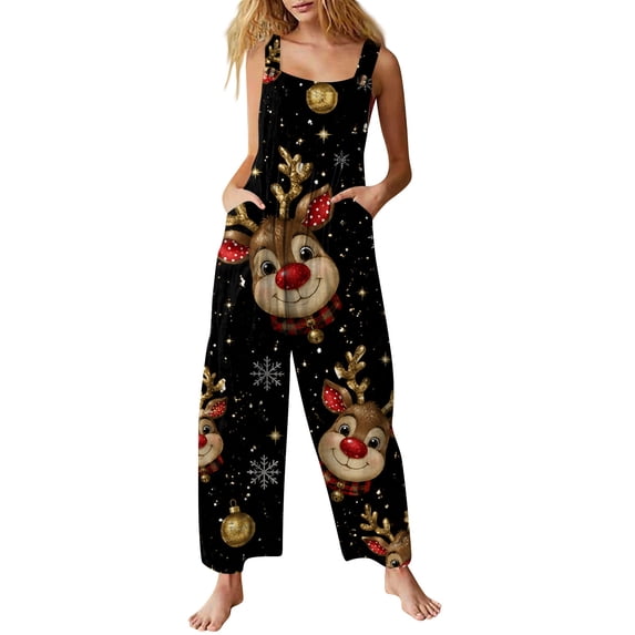 Lumtrix Christmas Jumpsuit Womens Spaghetti Strap Holiday Jumpsuits Vintage Christmas Graphic Wide Leg Romper Pant with Pockets Black 4XL