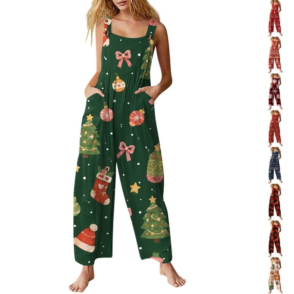 Lumtrix Christmas Jumpsuit for Women Sleeveless Holiday Graphic Jumpsuits Spaghetti Strap Holiday Rompers Pants with Pockets Green M