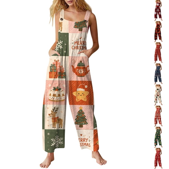 Lumtrix Christmas Jumpsuit for Women Sleeveless Vintage Christmas Graphic Overall Spaghetti Strap Fashion Rompers Pant with Pockets Pink 4XL
