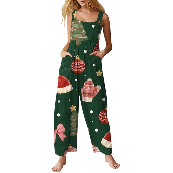 Lumtrix Christmas Jumpsuits for Women Dressy Spaghetti Strap Holiday Overalls Xmas Print Wide Leg Romper Pant with Pockets Green XL