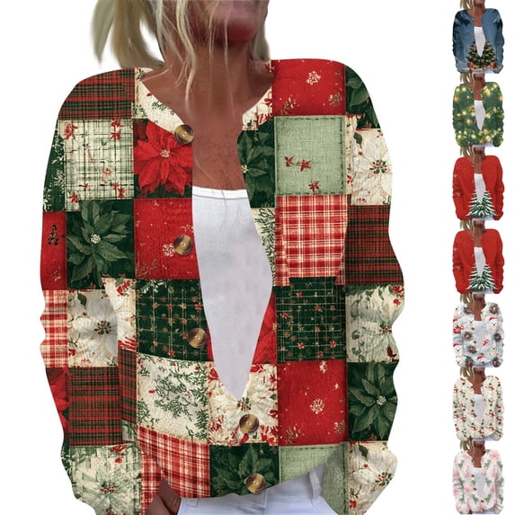 Lumtrix Christmas Knit Cardigan Sweater for Women Christmas Graphic Long Sleeve Button Down Sweater Winter Holiday Christmas Party Crew Neck Tops Red L