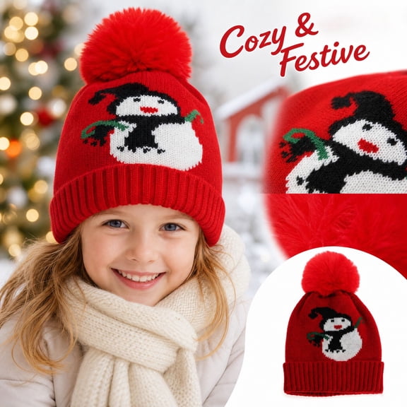 Lumtrix Christmas Knitted Hat For Kid Winter Soft Warm Beanie Cute Snowman Pattern Santa Hat With Pom Pom Red One Size