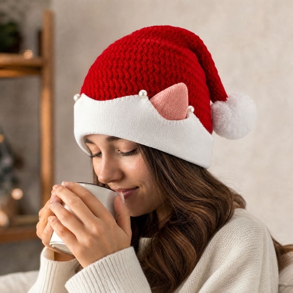 Lumtrix Christmas Knitted Santa Hats With Ears - Warm Knit Winter Hat Funny Beanie Cute Pointed Pom Pom Cap For Holiday Party