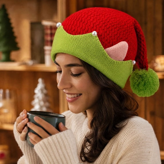 Lumtrix Christmas Knitted Santa Hats With Ears - Warm Knit Winter Hat Funny Beanie Cute Pointed Pom Pom Cap For Holiday Party