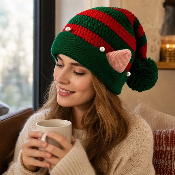 Lumtrix Christmas Knitted Santa Hats With Ears - Warm Knit Winter Hat Funny Beanie Cute Pointed Pom Pom Cap For Holiday Party