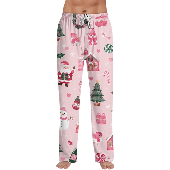 Lumtrix Christmas Mens Pajama Pants Christmas Santa Print Cotton Drawstring Cozy Soft Warm Loose Fit Wide Leg Lounge Pjs Pants Pink XL