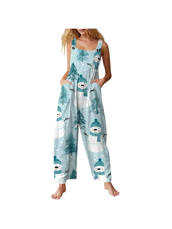 Christmas Outfit Women Romper Wide Leg Funny Christmas Snowman Graphic Plus Size Sleeveless Casual Jumpsuit with Pockets Multicolor L