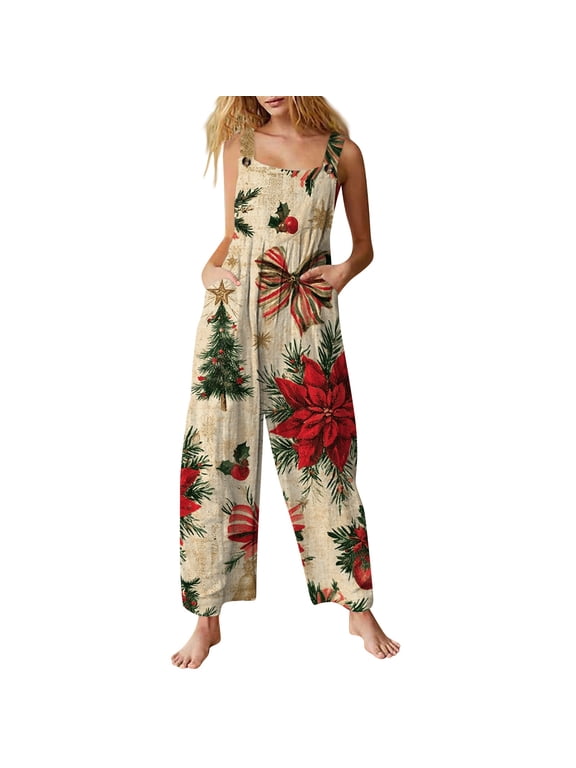 Christmas Outfit Women Rompers Wide Leg Funny Xmas Pattern Plus Size Sleeveless Cute Jumpsuits with Pockets Pink S