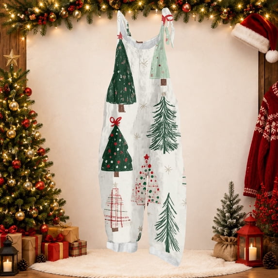 Lumtrix Christmas Outfit Women Rompers Wide Leg Funny Xmas Tree Sleeveless Plus Size Cute Jumpsuits with Pocket Navy 2XL