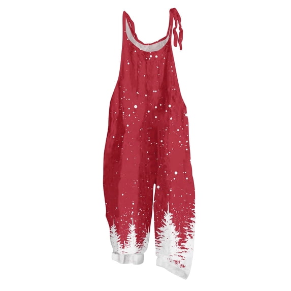 Lumtrix Christmas Overalls for Women Spaghetti Strap Holiday Overalls Festive Print Wide Leg Romper Pant with Pockets Wine S