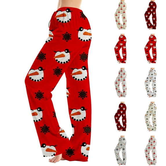 Lumtrix Christmas Pajama Pants Women Funny Snowman Graphci Lounge Pants Casual Elastic Waist Palazzo Pants Winter Pajamas Red XL