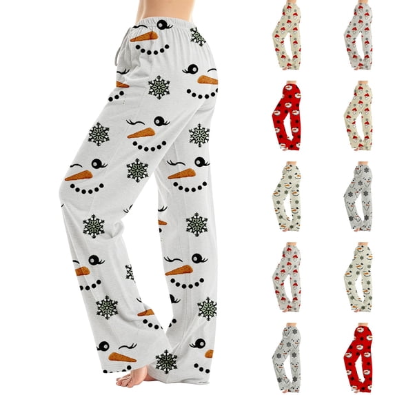 Lumtrix Christmas Pajama Pants Women Oversized Funny Snowman Print Comfy Drawstring Long Pj Bottoms White M