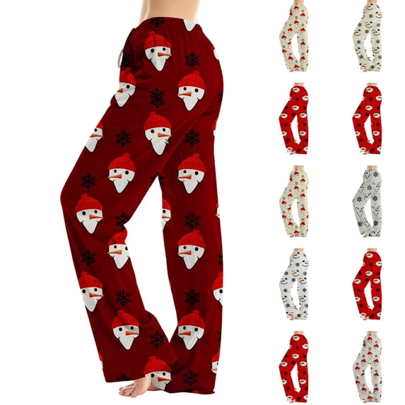 Lumtrix Christmas Pajama Pants Women Soft Comfy Pants Sleep Bottom Casual Xmas Snowman Printed Long Pj Bottoms Wine 2XL