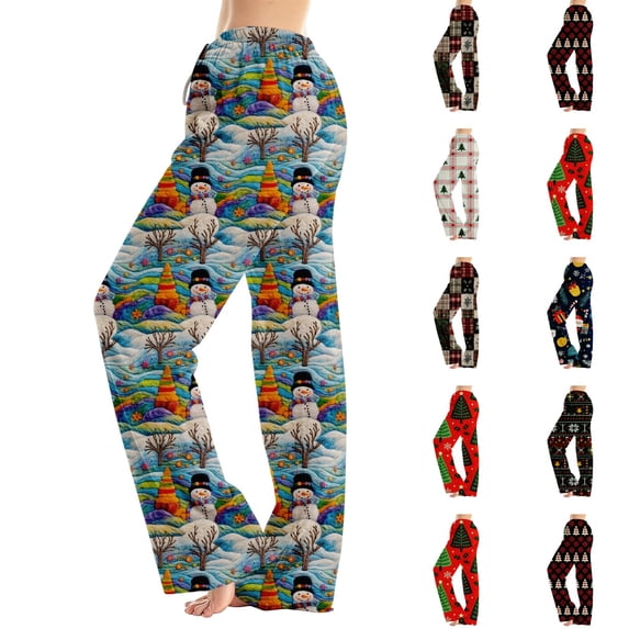 Lumtrix Christmas Pajamas For Women Casual Xmas Snowman Print Pajamas Bottoms Dressy Casual Elastic Waist Palazzo Pants Fall Pajamas Mint Green L