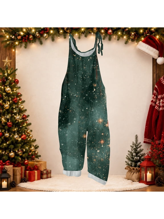 Christmas Romper Women Wide Leg Holiday Funny Xmas Pattern Plus Size Sleeveless Casual Jumpsuits with Pockets Green 3XL