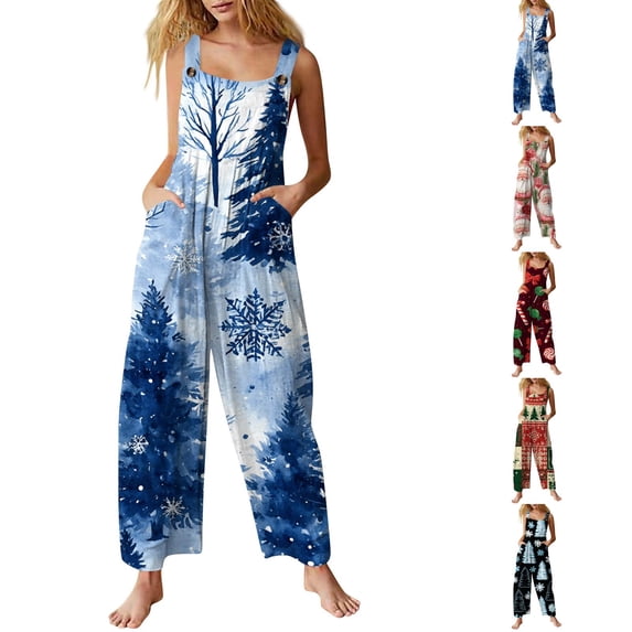 Lumtrix Christmas Romper for Women Wide Leg Funny Xmas Tree Graphic Sleeveless Plus Size Cute Jumpsuit with Pockets Multicolor XL
