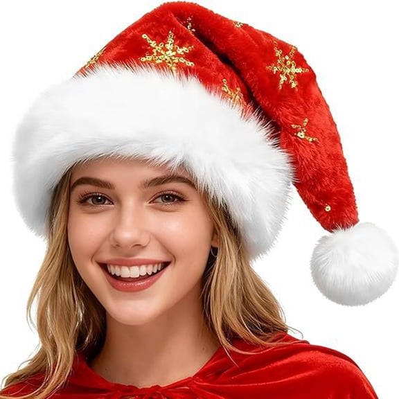 Lumtrix Christmas Santa Hat For Adults - Plush Sequin Santa Hat With Glitter Snowflakes - Xmas Party Supplies