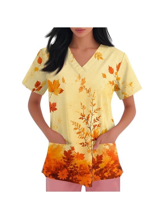 Scrubs Top for Women Funny Print Nursing Uniforms Soft V Neck Short Sleeve Nursing Uniforms with Pocket