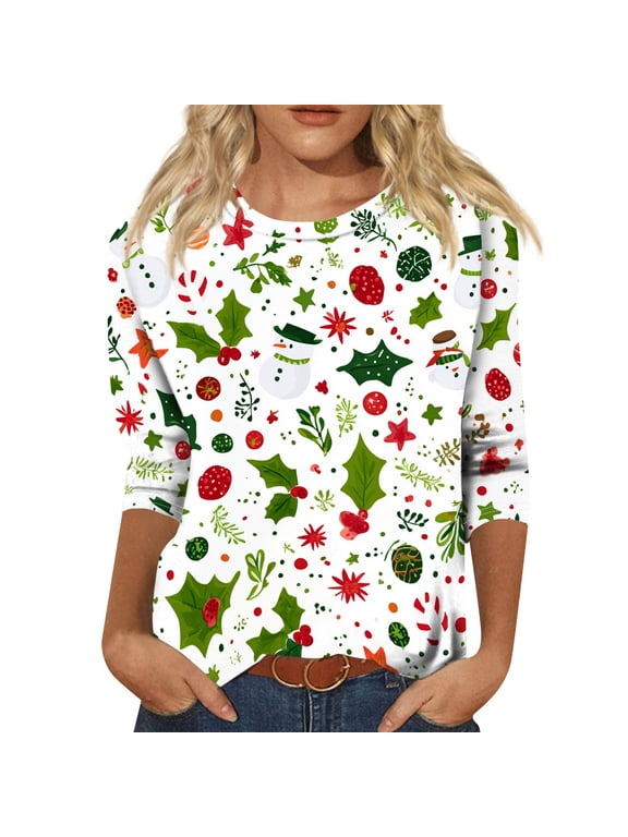 Christmas Shirts For Women 3/4 Length Sleeve Tops Cute Loose Fit Pattern Round Neck Fall Tee Shirts 2026 Trendy Tops Green S
