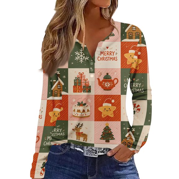 Lumtrix Christmas Shirts for Women 2026 Fall V Neck Long Sleeve T-Shirts Cute Print Soft Blousers Multicolor M