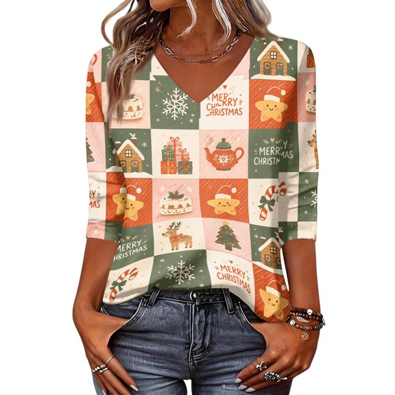 Lumtrix Christmas Shirts for Women 2026 Graphic Print Top Fall 3/4 Sleeve V Neck Loose Fit Tunic Multicolor L