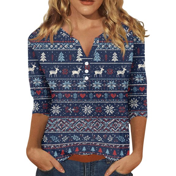 Lumtrix Christmas Shirts for Women Fall 3/4 Sleeve V Neck Top Graphic Print Soft Tunic Navy L