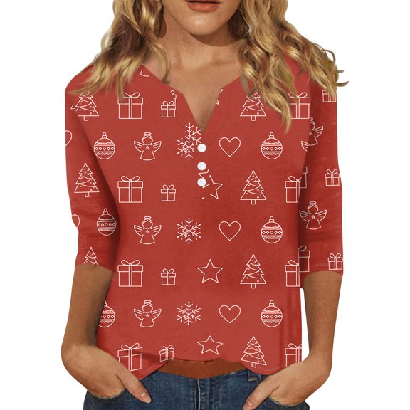 Lumtrix Christmas Shirts for Women Fall V Neck 3/4 Sleeve Tee Cute Print Lightweight Blousers Deep Red 2XL