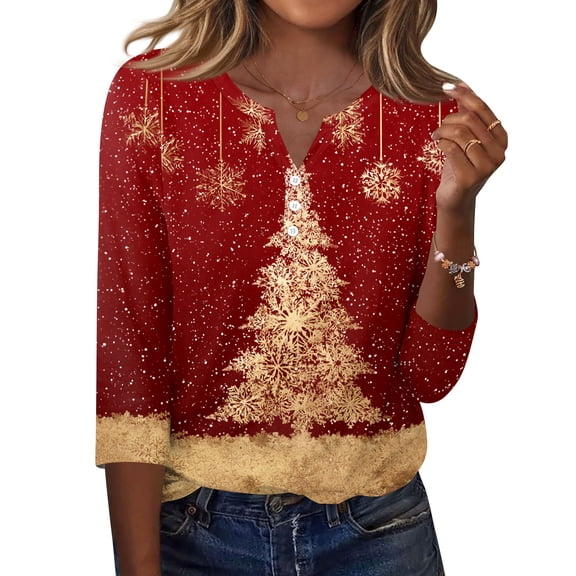 Lumtrix Christmas Shirts for Women Funny Xmas Holiday Top Trendy Lightweight 3/4 Sleeve V Neck Blouses Red S
