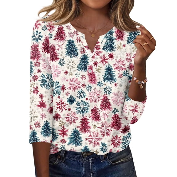 Lumtrix Christmas Shirts for Women Graphic Print Tee Fall Loose Fit 3/4 Sleeve V Neck Blouses Wine L