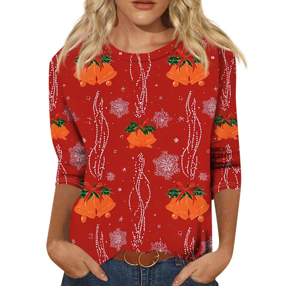Lumtrix Christmas Shirts for Women Trendey Crew Neck 3/4 Sleeve Top Funny Print Soft Blousers Deep Red 3XL
