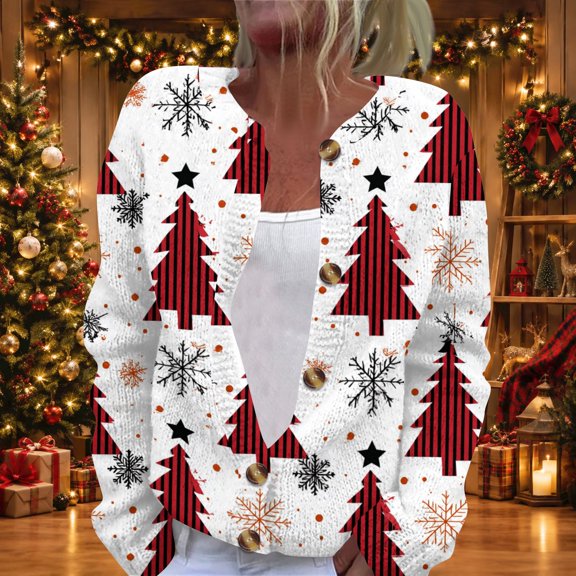 Lumtrix Christmas Sweaters For Women Cardigan Button Up Cropped Knitted Oversized Fall Fashion Open Front Chunky Blouses Red XL