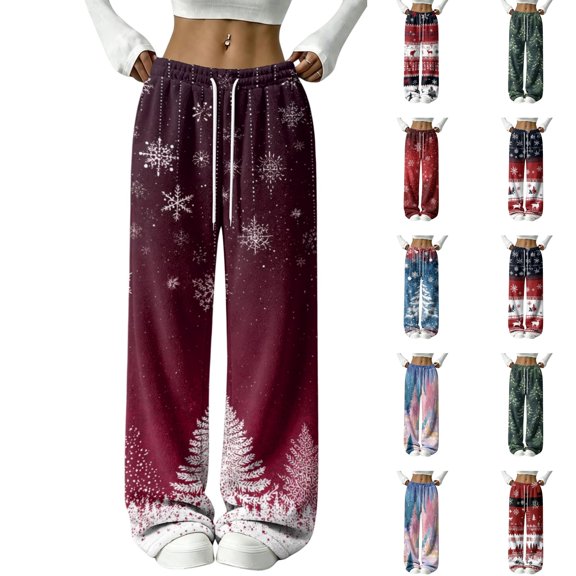 Lumtrix Christmas Sweatpants Women Xmas Pattern Flannel Wide Leg Loose Fit Pants Lounge Festive Trousers with Pocket Wine L