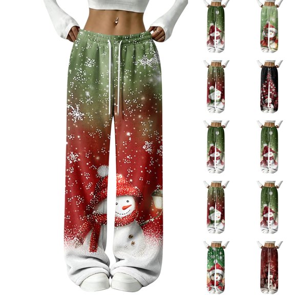 Lumtrix Christmas Sweatpants Women Xmas Snowman Print Flannel Elastic Waist Loose Fit Pants Cozy Lounge Festive Trousers with Pockets Deep Red S