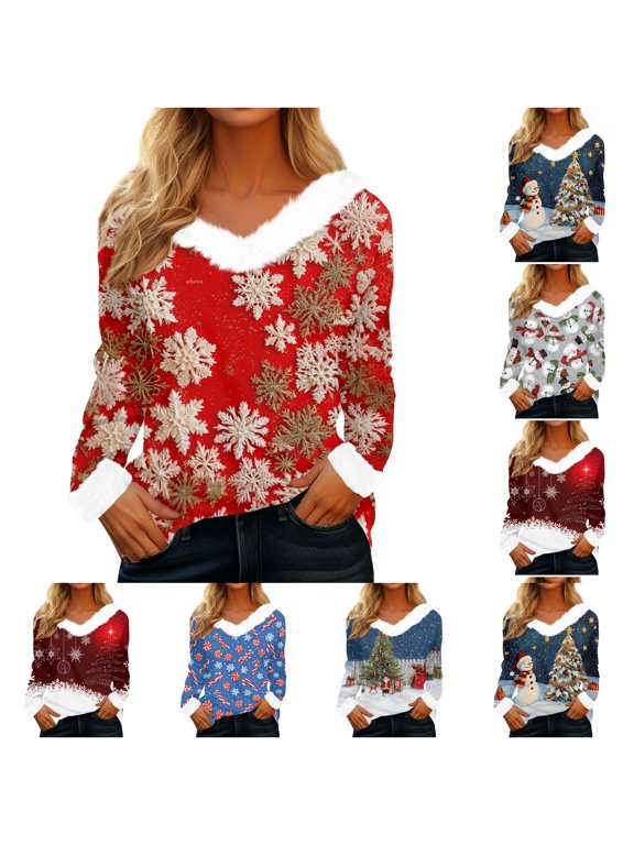 Christmas Tops For Women Holiday Shirts Xmas Printed Fitted Pullover Tops Dressy Casual Blouses Spring Fashion Clothes Red XL