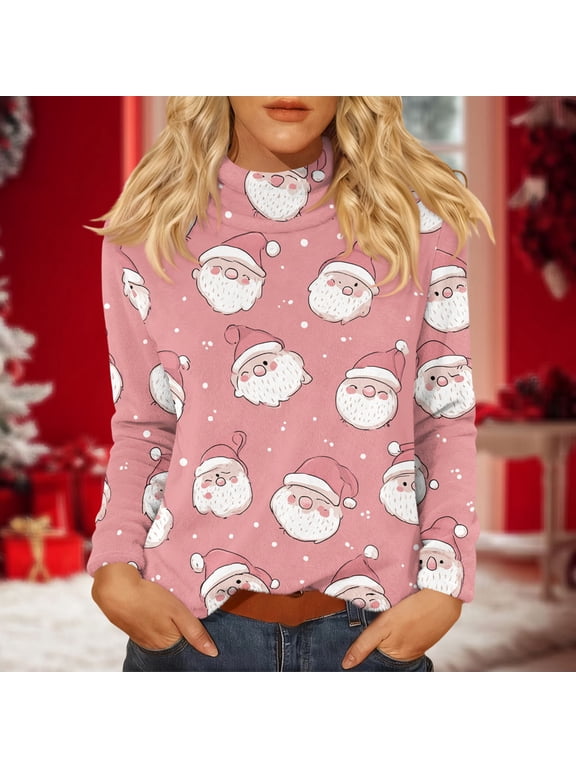 Christmas Turtleneck Top Women Long Length Sleeve Funny Christmas T-Shirts Fall xmas pattern Cute Mock Neck Tops Light pink S