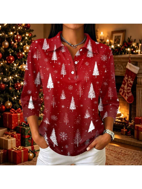Christmas Women Polo Shirts 3/4 Sleeve Collared Button Tops Xmas Snowflake Holiday Blouse Red 2XL