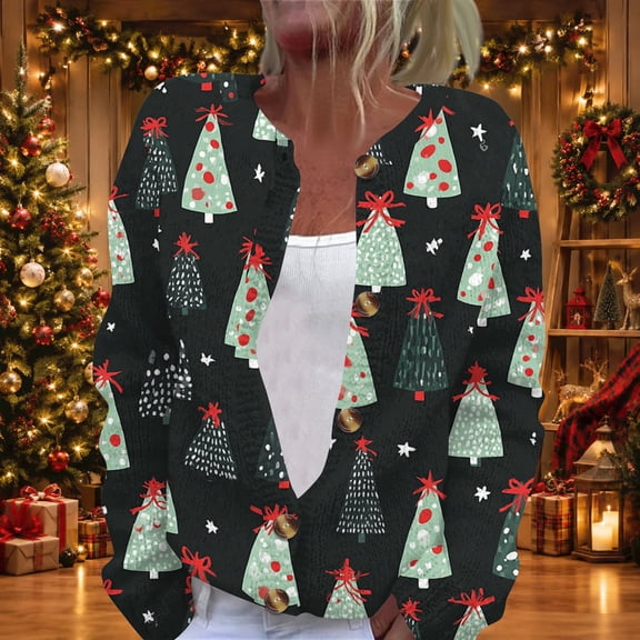 Lumtrix Christmas Womens Cardigan Sweater Chunky Plus Size Lightweight Botton Casual Long Sleeve Sweater Winter Fall Tops Green 5XL