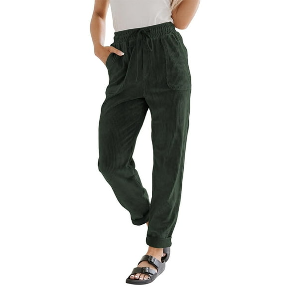Lumtrix Corduroy Pants Women Straight Leg Loose Drawstring Elastic High Waist Pants Casual Comfy Work Trousers with Pockets Dark Green 2XL