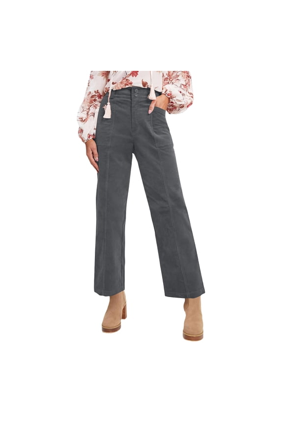 Corduroy Pants for Women High Waisted Wide Leg Elastic Waist Casual Work Pants Fall Trousers with Pockets Dark Gray M