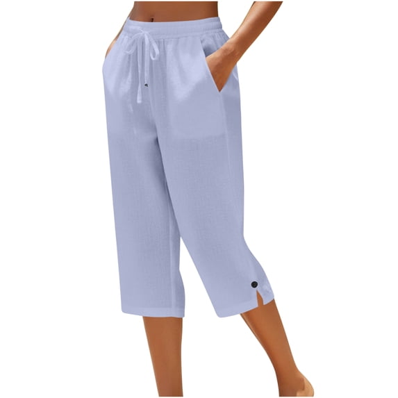 Lumtrix Cotton Capri Pants For Women Loose Fit Straight Leg Drawstring Elastic Waist Cropped Pant Dressy Casual Summer Linen Clothe Light Blue XL